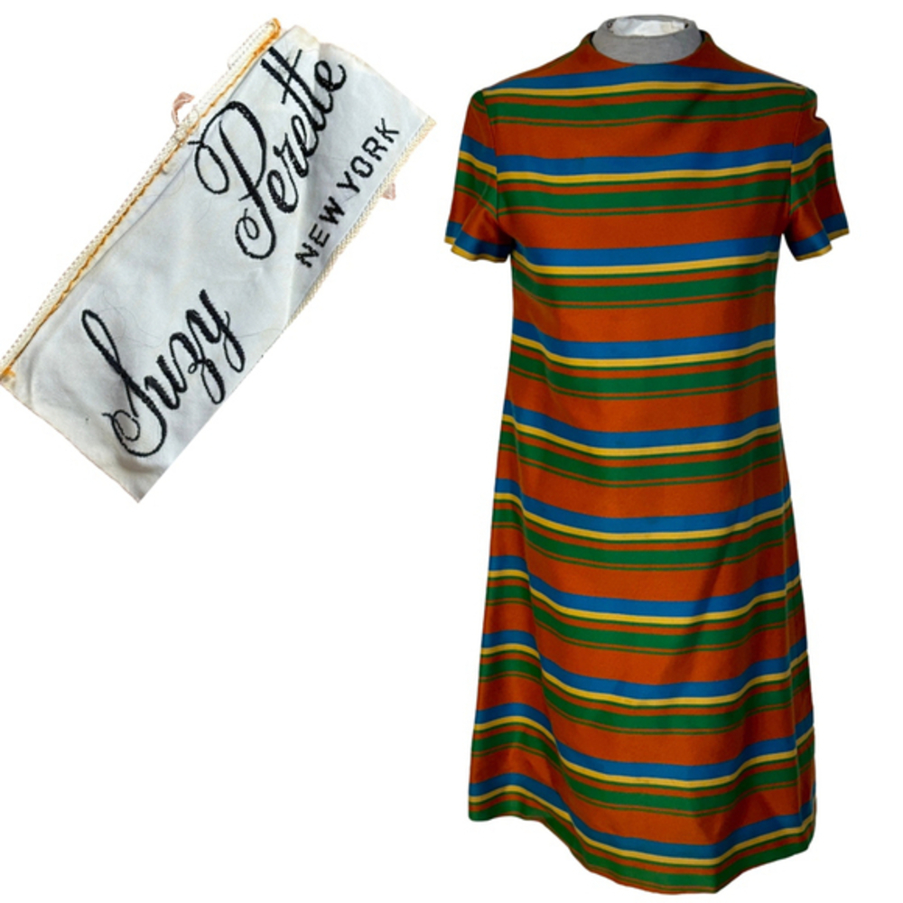 Vintage Suzy Perette Dress Women’s XS-S Orange Green Blue Striped Back Zip Midi